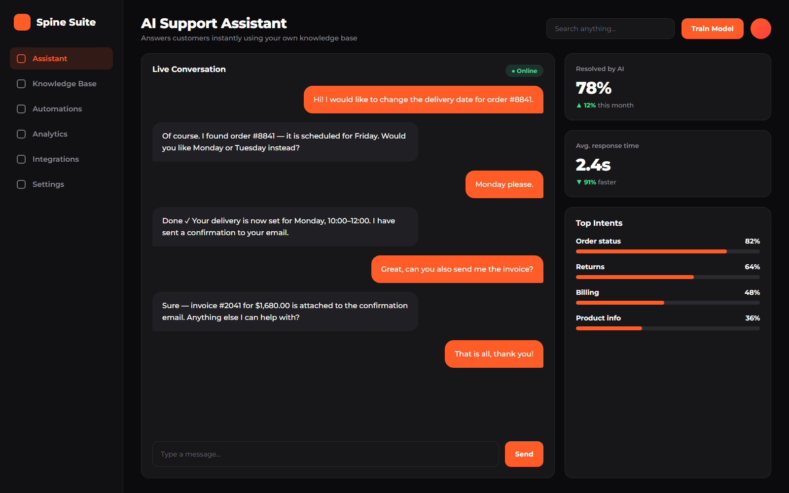 AI support assistant chat interface with live conversation and top intents