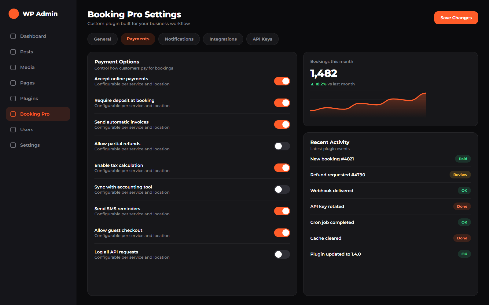 Custom WordPress plugin settings screen with payment options and activity feed