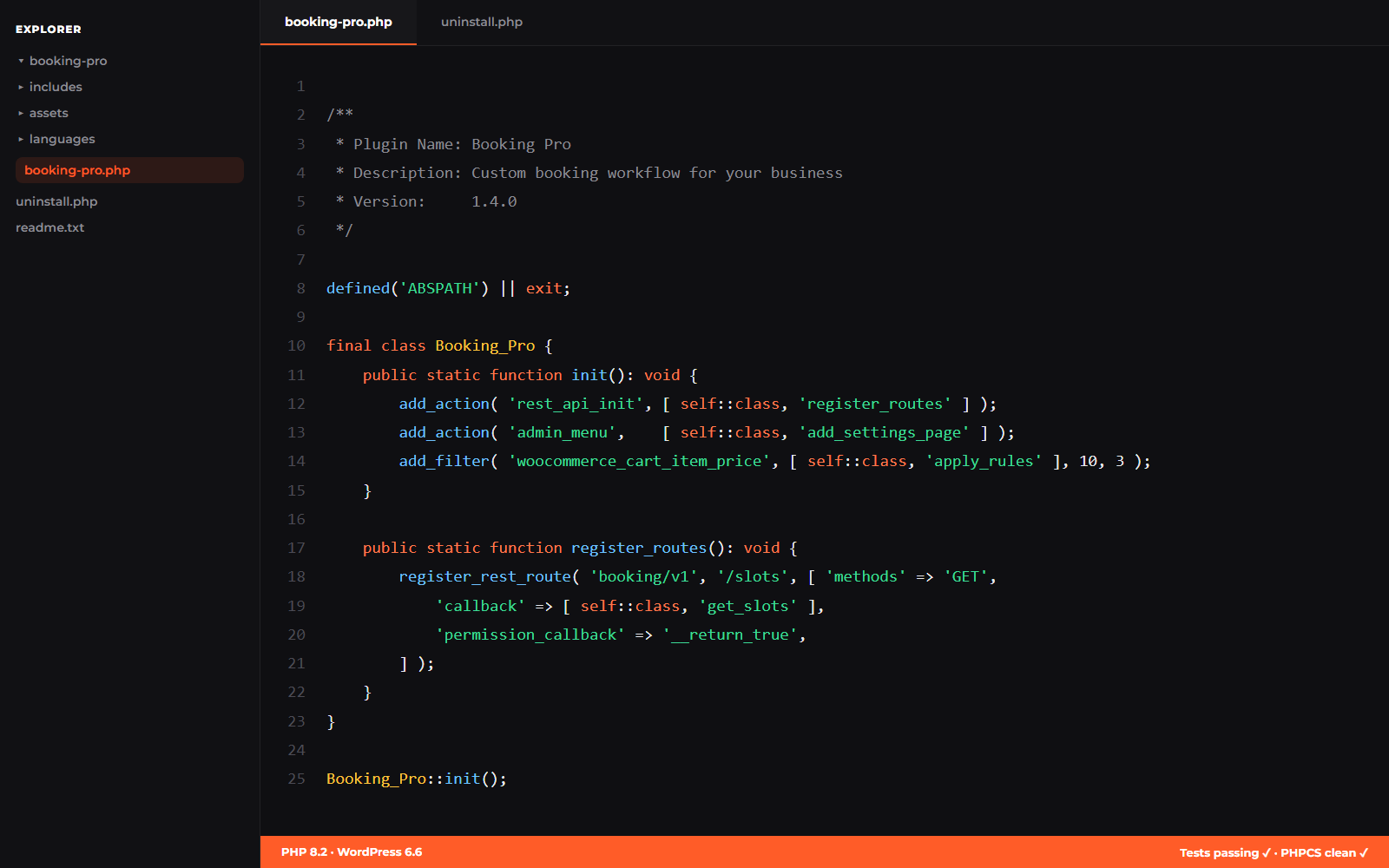 Code editor showing a custom WordPress plugin written in PHP