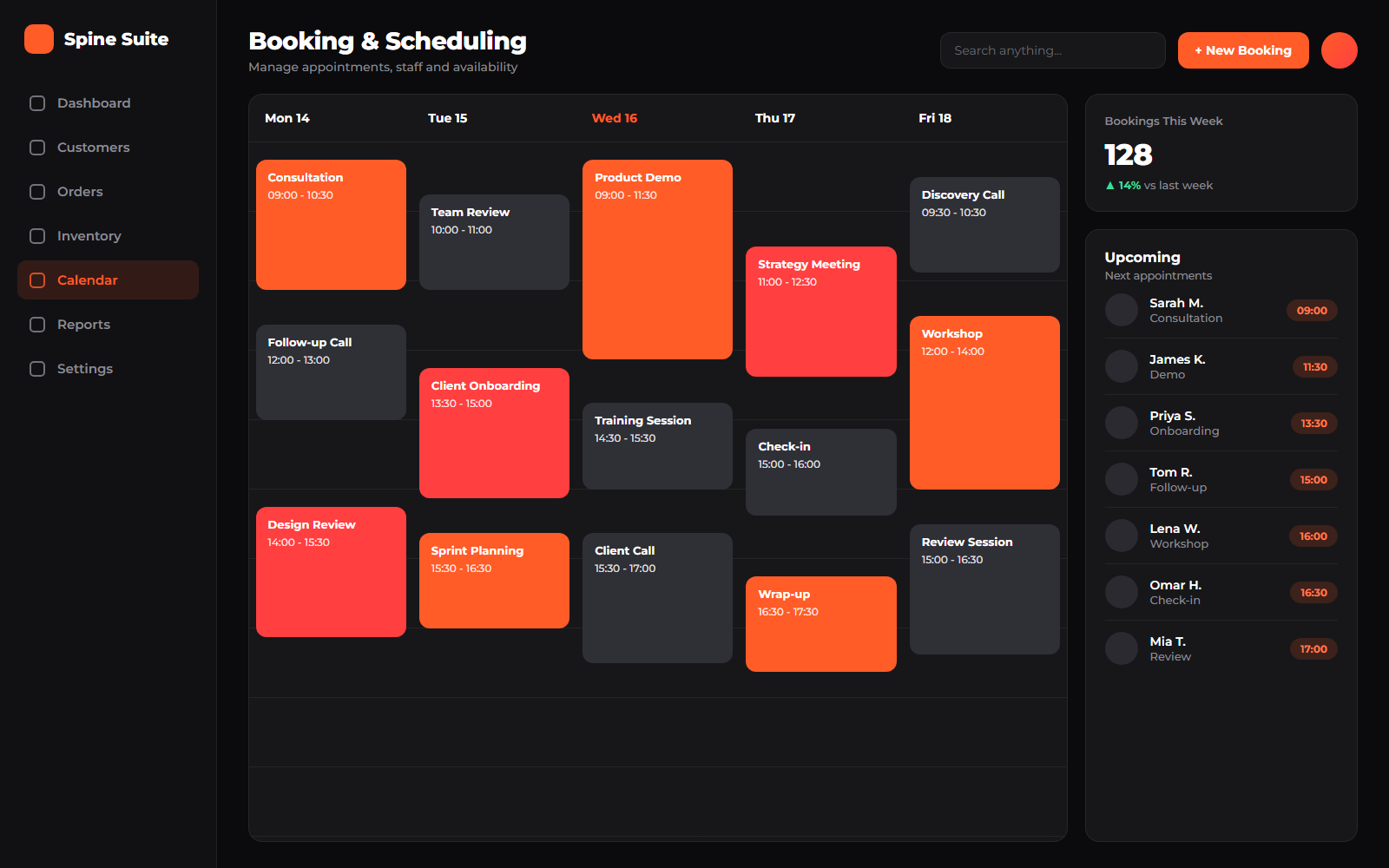 Booking and scheduling dashboard with weekly calendar view